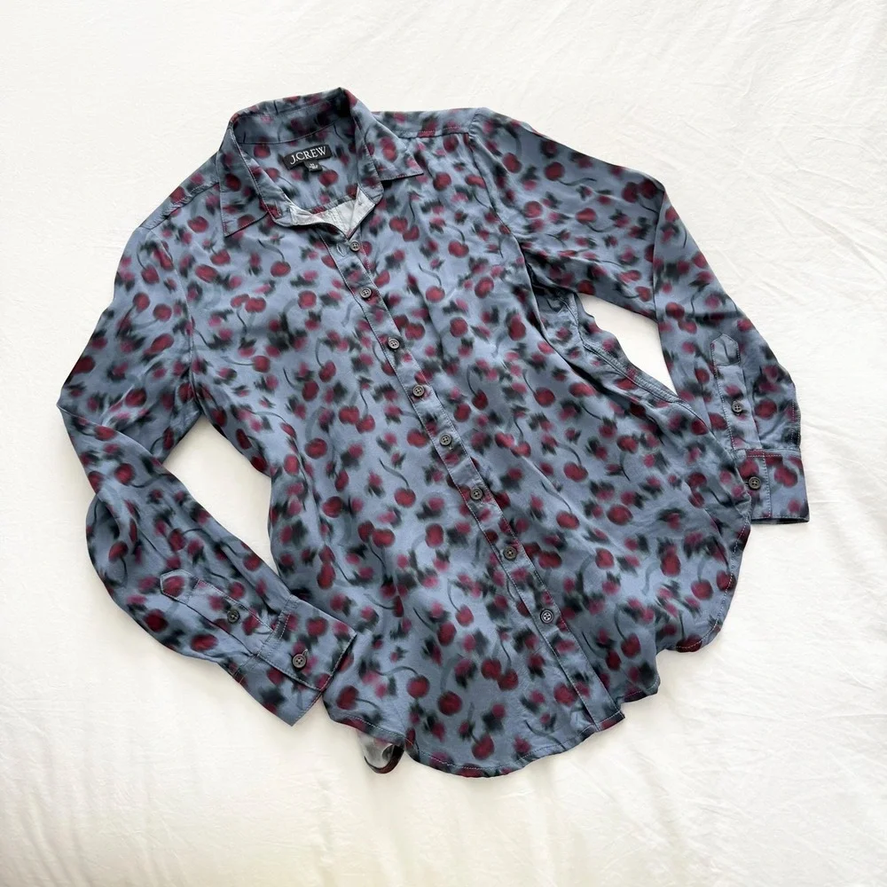 J.Crew Cherry Print Drapey Button Up Viscose Twill Shirt XS